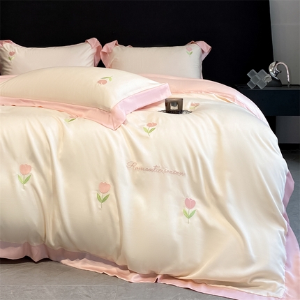 眷恋家纺 2024新款水洗冰丝刺绣四件套-花卉系列 郁金香-奶昔白+奶油粉