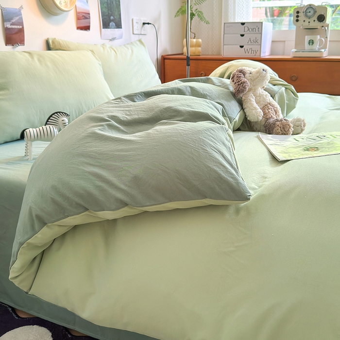 91家纺网 家纺一手货源 找家纺 沐芷 2024新款超柔105g纯色水洗棉四件套-柔雅系列 柔雅-草绿果绿