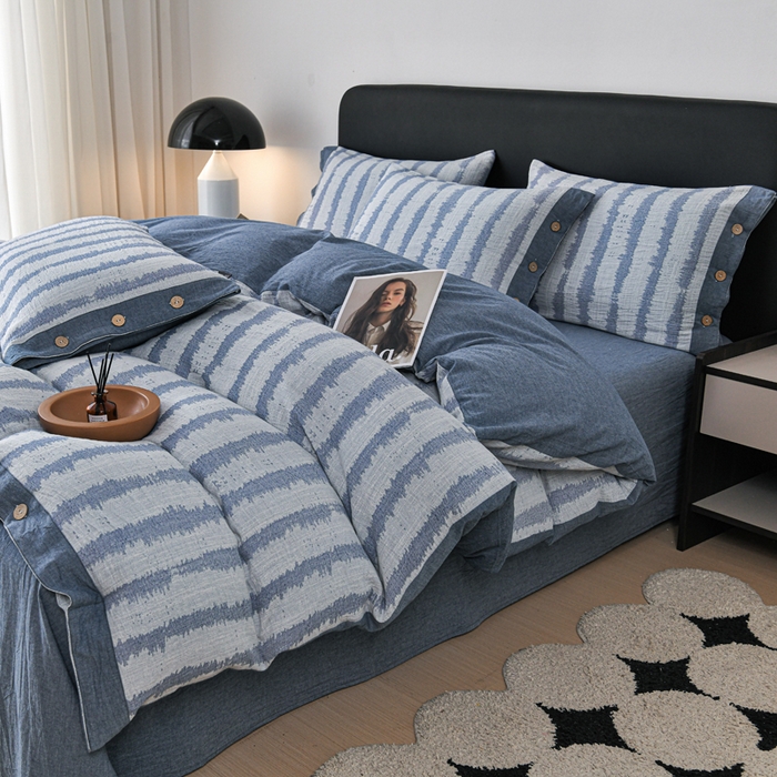 91家纺网 家纺一手货源 找家纺 娜娜 2024新款全棉双层纱大提花四件套 条纹-深蓝