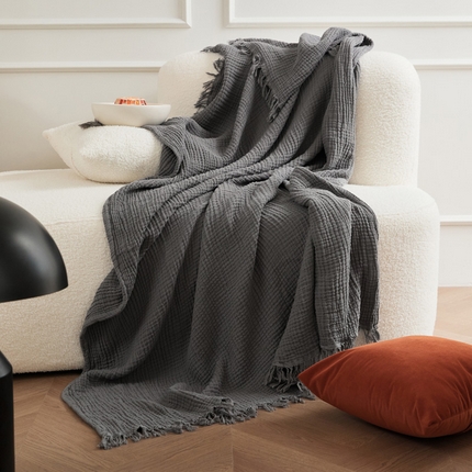 EH家居 2024新款纯棉四层皱皱纱毯盖毯休闲毯 流苏款-深灰