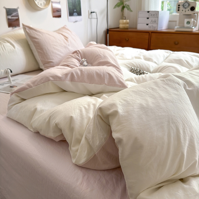 91家纺网 家纺一手货源 找家纺 沐芷 2024新款超柔105g纯色水洗棉四件套-柔雅系列 柔雅-奶白粉玉