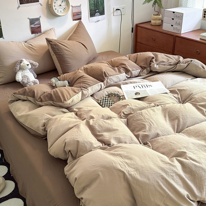 91家纺网 家纺一手货源 找家纺 沐芷 2024新款超柔105g纯色水洗棉四件套-柔雅系列 柔雅-奶茶棕咖