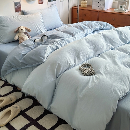 沐芷 2024新款超柔105g纯色水洗棉四件套-柔雅系列 柔雅-冰蓝雾灰