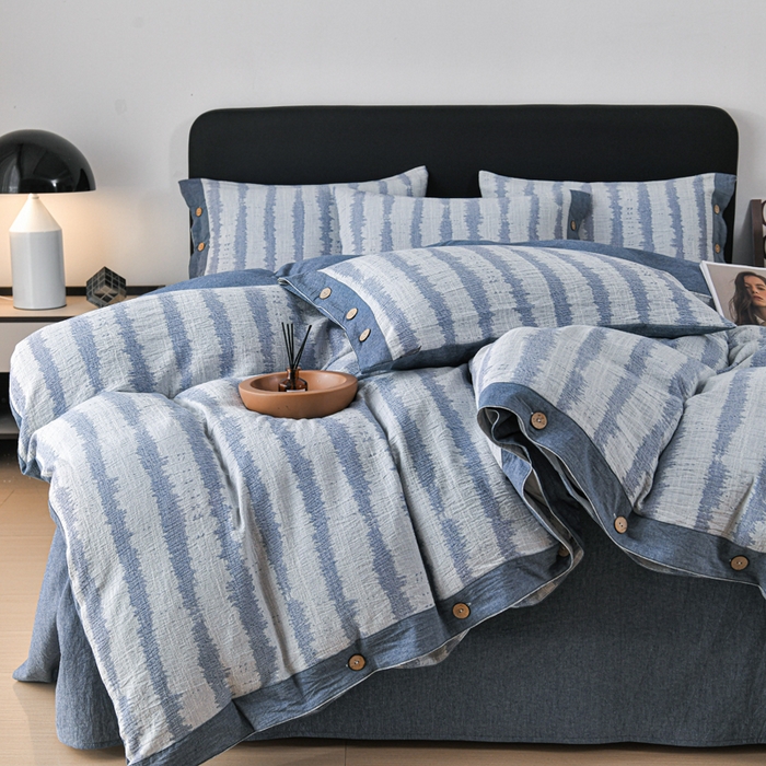 91家纺网 家纺一手货源 找家纺 娜娜 2024新款全棉双层纱大提花四件套 条纹-深蓝