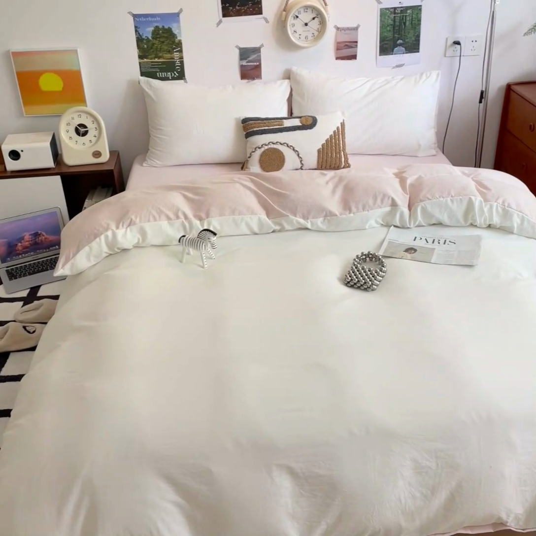 91家纺网 家纺一手货源 找家纺 沐芷 2024新款超柔105g纯色水洗棉四件套-柔雅系列 柔雅-奶白粉玉