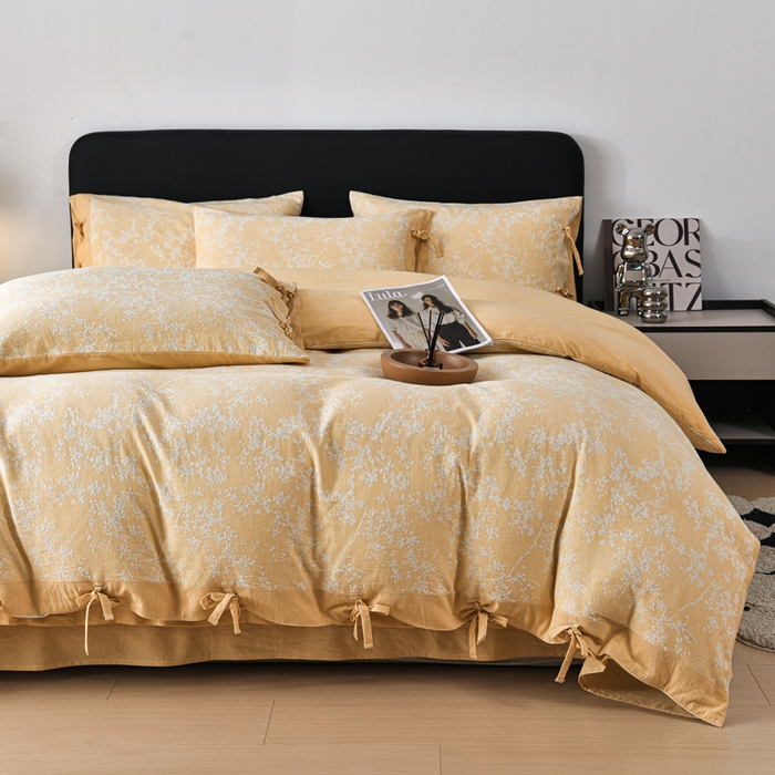 91家纺网 家纺一手货源 找家纺 娜娜 2024新款全棉双层纱大提花四件套 栀子花-黄