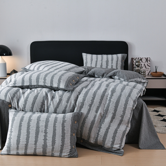 91家纺网 家纺一手货源 找家纺 娜娜 2024新款全棉双层纱大提花四件套 条纹-灰