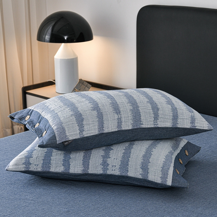 91家纺网 家纺一手货源 找家纺 娜娜 2024新款全棉双层纱大提花四件套 条纹-深蓝