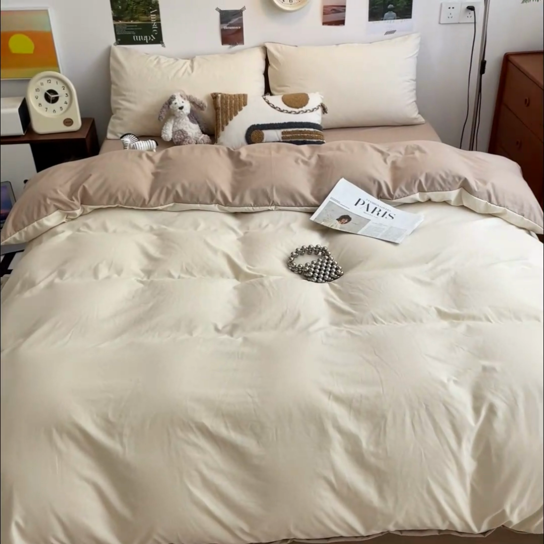 91家纺网 家纺一手货源 找家纺 沐芷 2024新款超柔105g纯色水洗棉四件套-柔雅系列 柔雅-杏色奶茶