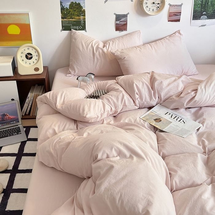 91家纺网 家纺一手货源 找家纺 沐芷 2024新款超柔105g纯色水洗棉四件套-柔雅系列 柔雅-纯粉玉