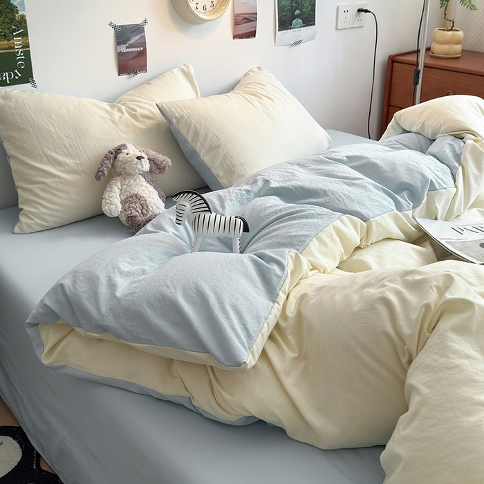 91家纺网 家纺一手货源 找家纺 沐芷 2024新款超柔105g纯色水洗棉四件套-柔雅系列 柔雅-米黄冰蓝
