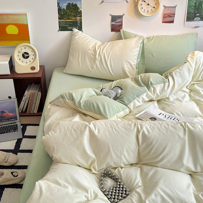 91家纺网 家纺一手货源 找家纺 沐芷 2024新款超柔105g纯色水洗棉四件套-柔雅系列 柔雅-米黄草绿