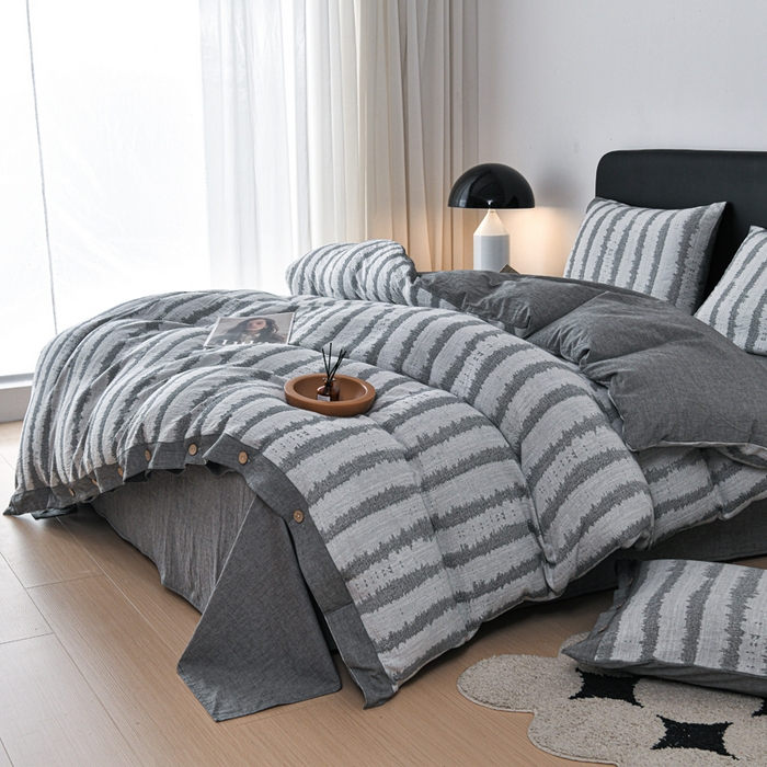 91家纺网 家纺一手货源 找家纺 娜娜 2024新款全棉双层纱大提花四件套 条纹-灰