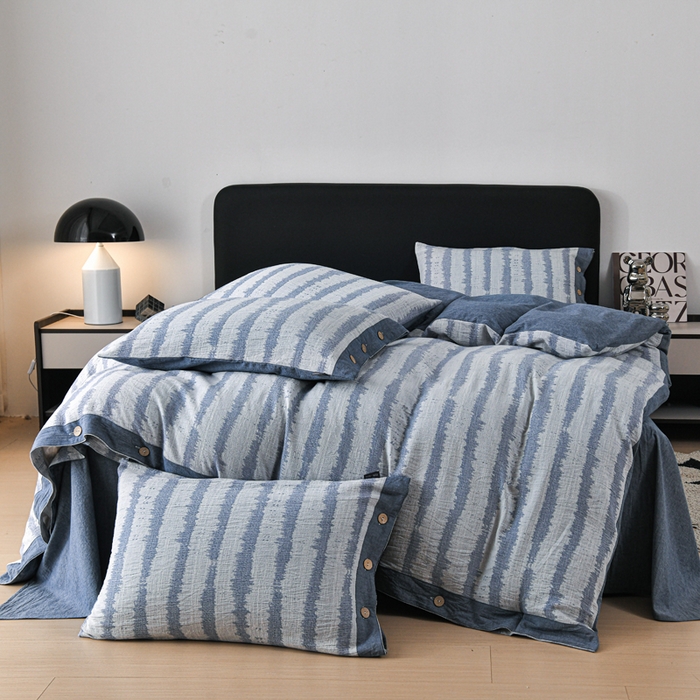 91家纺网 家纺一手货源 找家纺 娜娜 2024新款全棉双层纱大提花四件套 条纹-深蓝