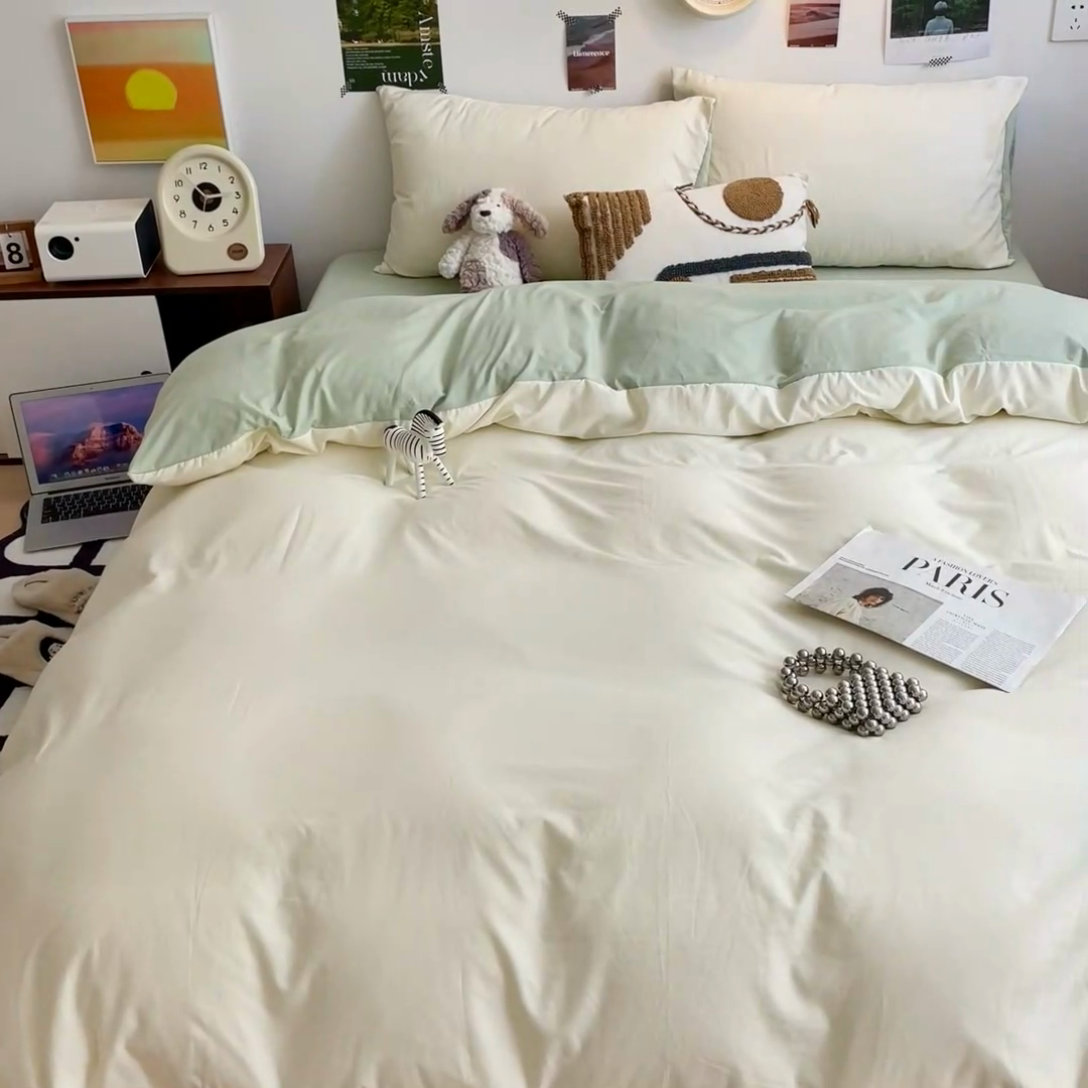 91家纺网 家纺一手货源 找家纺 沐芷 2024新款超柔105g纯色水洗棉四件套-柔雅系列 柔雅-米黄草绿