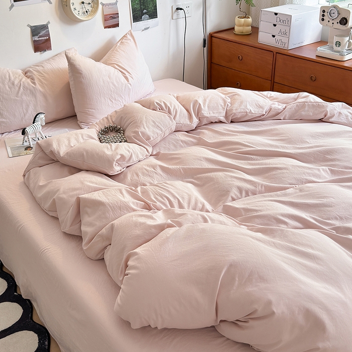 91家纺网 家纺一手货源 找家纺 沐芷 2024新款超柔105g纯色水洗棉四件套-柔雅系列 柔雅-纯粉玉