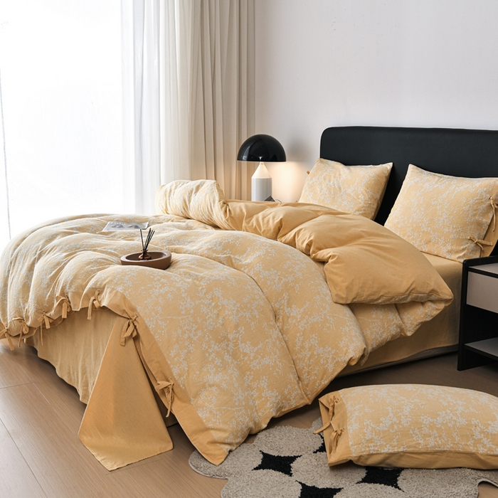 91家纺网 家纺一手货源 找家纺 娜娜 2024新款全棉双层纱大提花四件套 栀子花-黄