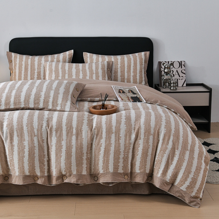 91家纺网 家纺一手货源 找家纺 娜娜 2024新款全棉双层纱大提花四件套 条纹-咖