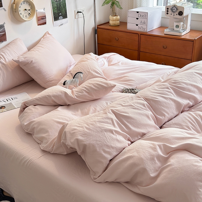 91家纺网 家纺一手货源 找家纺 沐芷 2024新款超柔105g纯色水洗棉四件套-柔雅系列 柔雅-纯粉玉