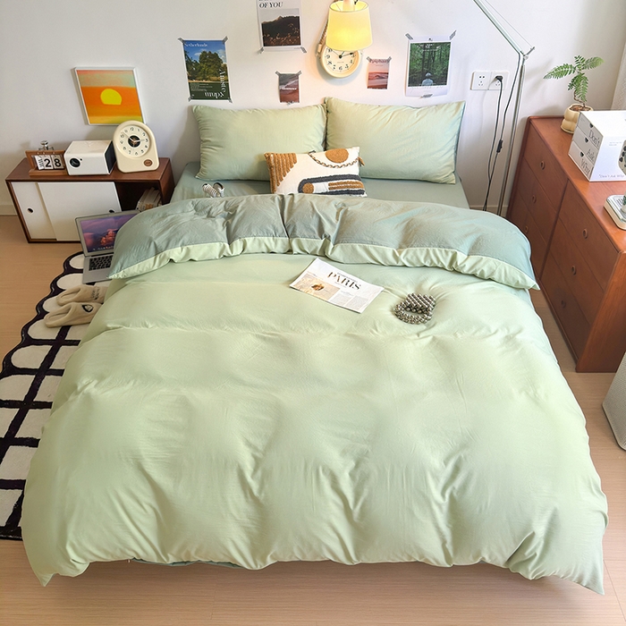 91家纺网 家纺一手货源 找家纺 沐芷 2024新款超柔105g纯色水洗棉四件套-柔雅系列 柔雅-草绿果绿