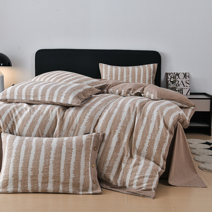 91家纺网 家纺一手货源 找家纺 娜娜 2024新款全棉双层纱大提花四件套 条纹-咖