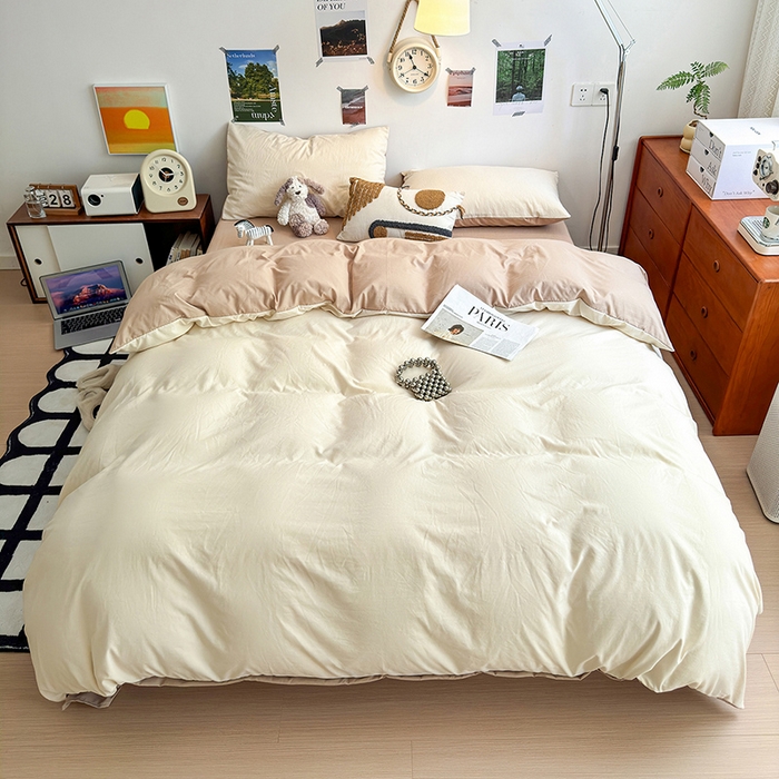 91家纺网 家纺一手货源 找家纺 沐芷 2024新款超柔105g纯色水洗棉四件套-柔雅系列 柔雅-杏色奶茶