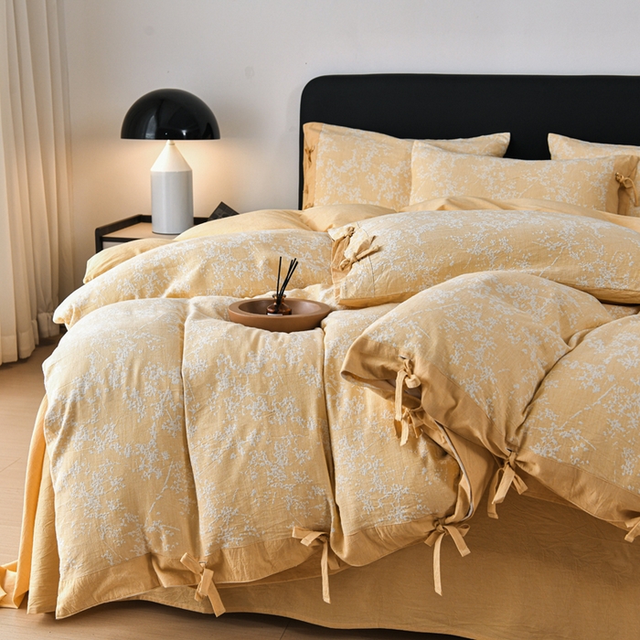 91家纺网 家纺一手货源 找家纺 娜娜 2024新款全棉双层纱大提花四件套 栀子花-黄