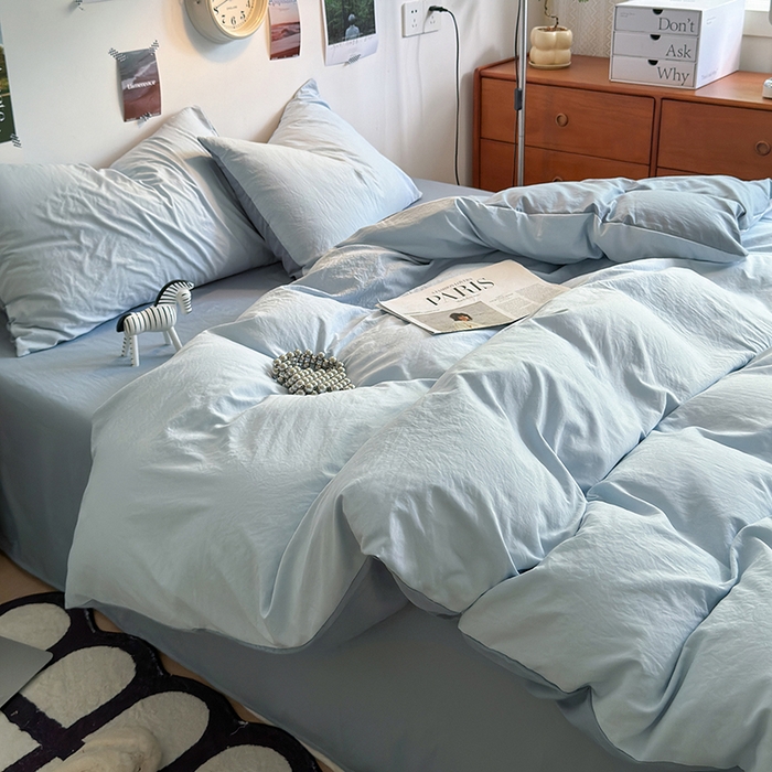 91家纺网 家纺一手货源 找家纺 沐芷 2024新款超柔105g纯色水洗棉四件套-柔雅系列 柔雅-冰蓝雾灰