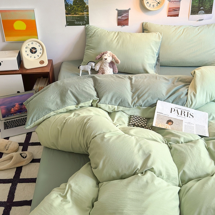 91家纺网 家纺一手货源 找家纺 沐芷 2024新款超柔105g纯色水洗棉四件套-柔雅系列 柔雅-草绿果绿