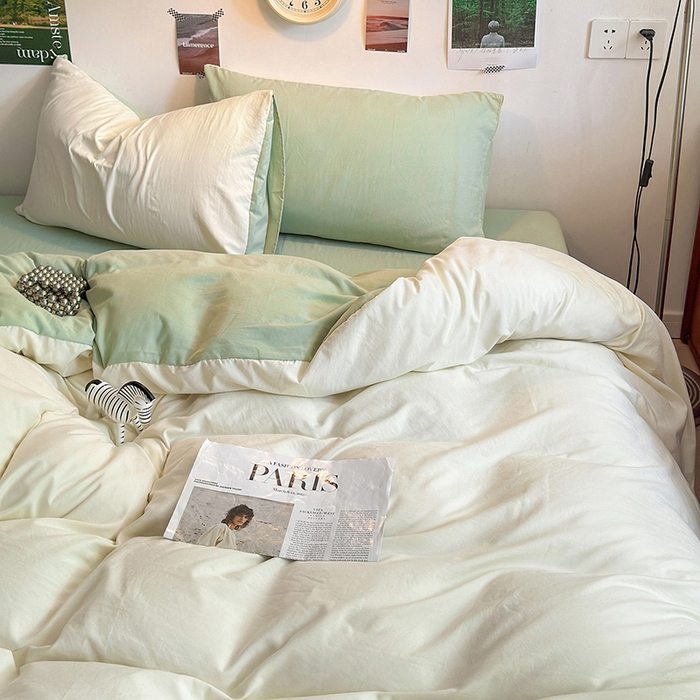 91家纺网 家纺一手货源 找家纺 沐芷 2024新款超柔105g纯色水洗棉四件套-柔雅系列 柔雅-米黄草绿