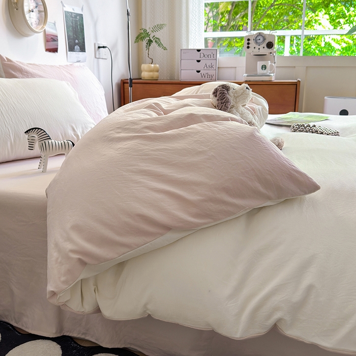 91家纺网 家纺一手货源 找家纺 沐芷 2024新款超柔105g纯色水洗棉四件套-柔雅系列 柔雅-奶白粉玉