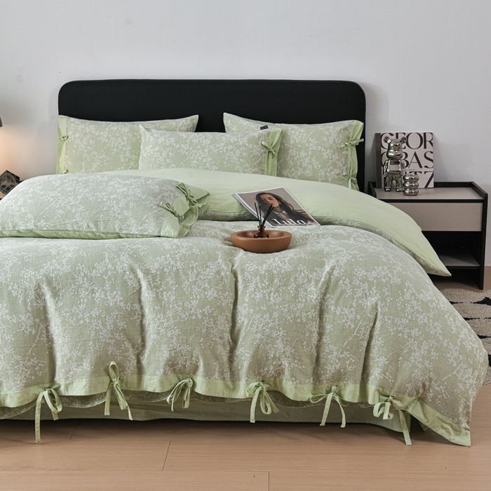 91家纺网 家纺一手货源 找家纺 娜娜 2024新款全棉双层纱大提花四件套 栀子花-浅绿