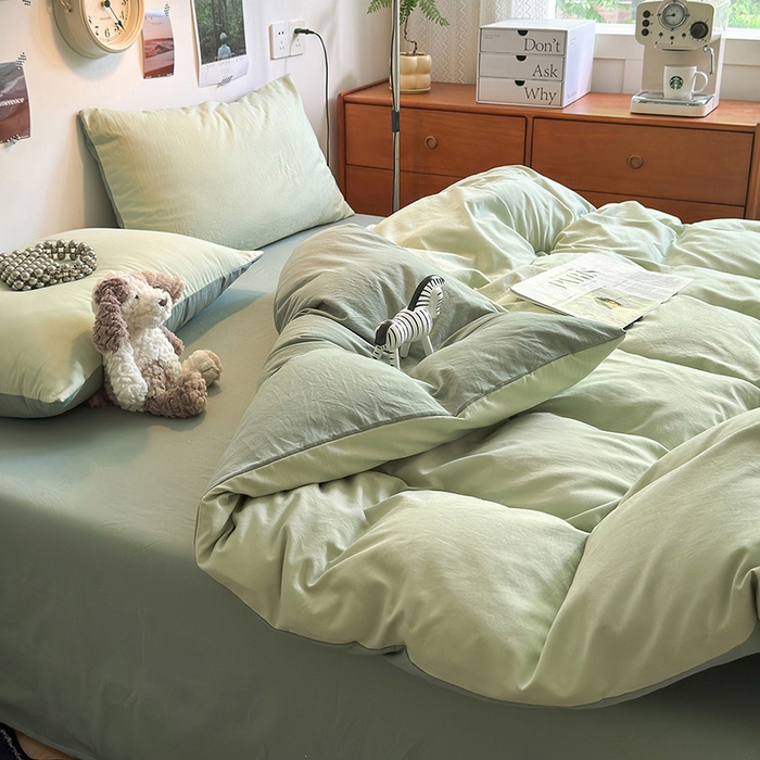 91家纺网 家纺一手货源 找家纺 沐芷 2024新款超柔105g纯色水洗棉四件套-柔雅系列 柔雅-草绿果绿