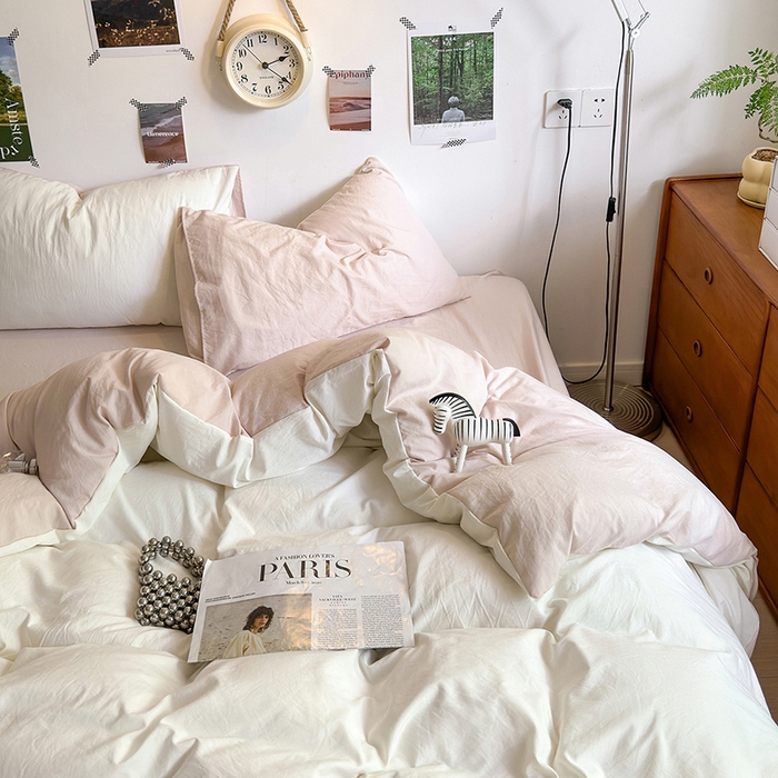 91家纺网 家纺一手货源 找家纺 沐芷 2024新款超柔105g纯色水洗棉四件套-柔雅系列 柔雅-奶白粉玉