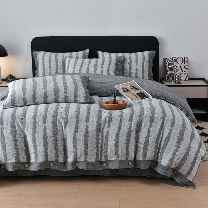 91家纺网 家纺一手货源 找家纺 娜娜 2024新款全棉双层纱大提花四件套 条纹-灰