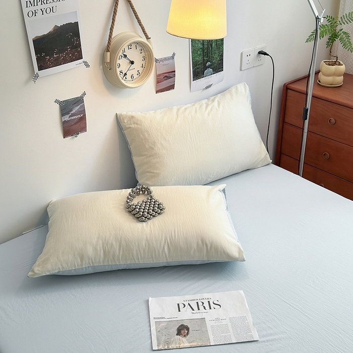 91家纺网 家纺一手货源 找家纺 沐芷 2024新款超柔105g纯色水洗棉四件套-柔雅系列 柔雅-米黄冰蓝