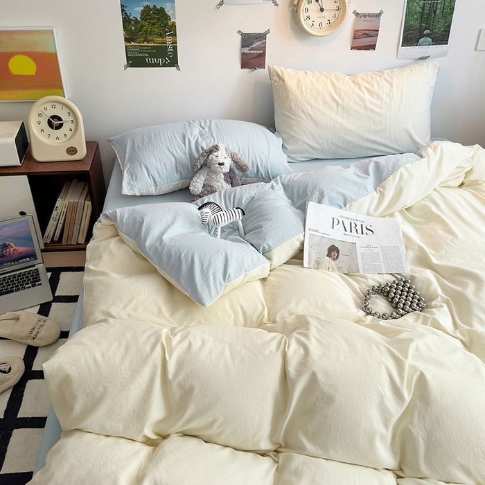 91家纺网 家纺一手货源 找家纺 沐芷 2024新款超柔105g纯色水洗棉四件套-柔雅系列 柔雅-米黄冰蓝