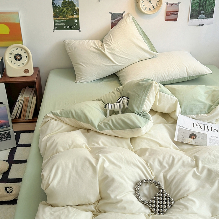 91家纺网 家纺一手货源 找家纺 沐芷 2024新款超柔105g纯色水洗棉四件套-柔雅系列 柔雅-米黄草绿