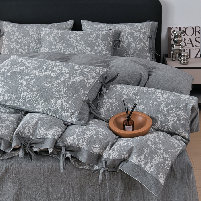 91家纺网 家纺一手货源 找家纺 娜娜 2024新款全棉双层纱大提花四件套 栀子花-深灰