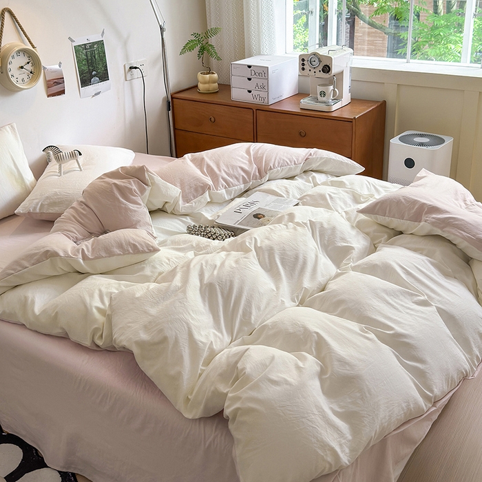 91家纺网 家纺一手货源 找家纺 沐芷 2024新款超柔105g纯色水洗棉四件套-柔雅系列 柔雅-奶白粉玉