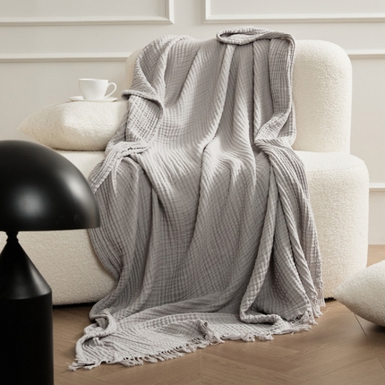 EH家居 2024新款纯棉四层皱皱纱毯盖毯休闲毯 流苏款-银灰
