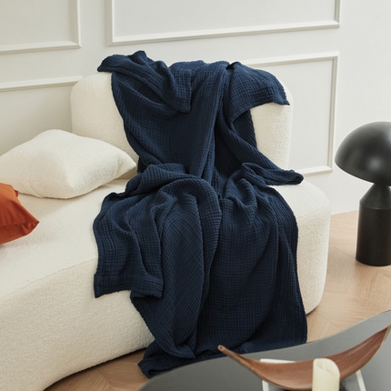 EH家居 2024新款纯棉四层皱皱纱毯盖毯休闲毯 包边款-深蓝