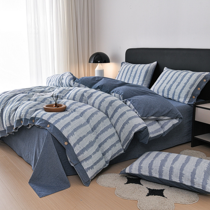 91家纺网 家纺一手货源 找家纺 娜娜 2024新款全棉双层纱大提花四件套 条纹-深蓝