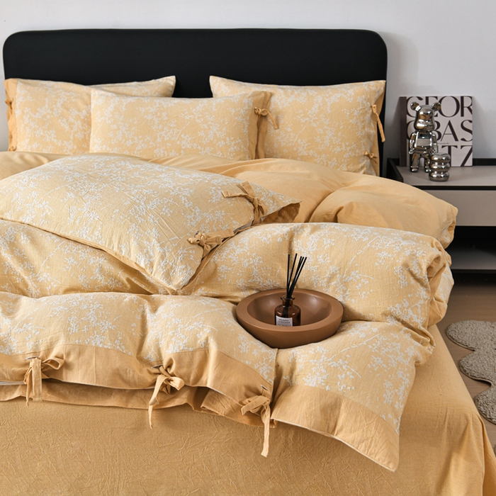 91家纺网 家纺一手货源 找家纺 娜娜 2024新款全棉双层纱大提花四件套 栀子花-黄