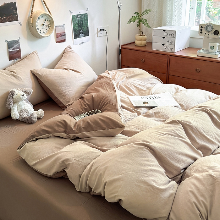 91家纺网 家纺一手货源 找家纺 沐芷 2024新款超柔105g纯色水洗棉四件套-柔雅系列 柔雅-奶茶棕咖