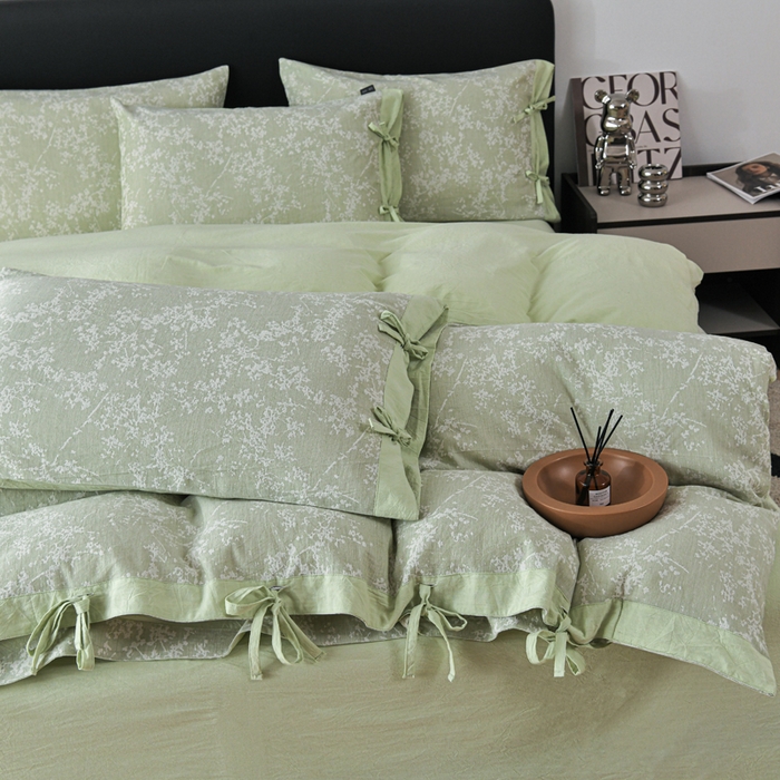 91家纺网 家纺一手货源 找家纺 娜娜 2024新款全棉双层纱大提花四件套 栀子花-浅绿