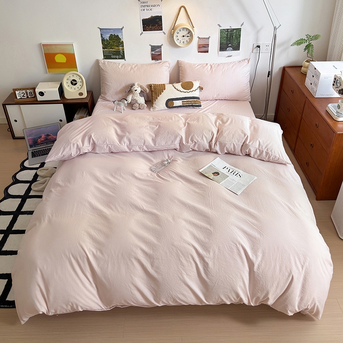 91家纺网 家纺一手货源 找家纺 沐芷 2024新款超柔105g纯色水洗棉四件套-柔雅系列 柔雅-纯粉玉