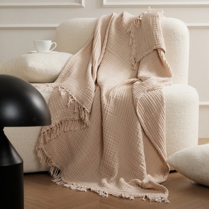 EH家居 2024新款纯棉四层皱皱纱毯盖毯休闲毯 流苏款-裸粉色
