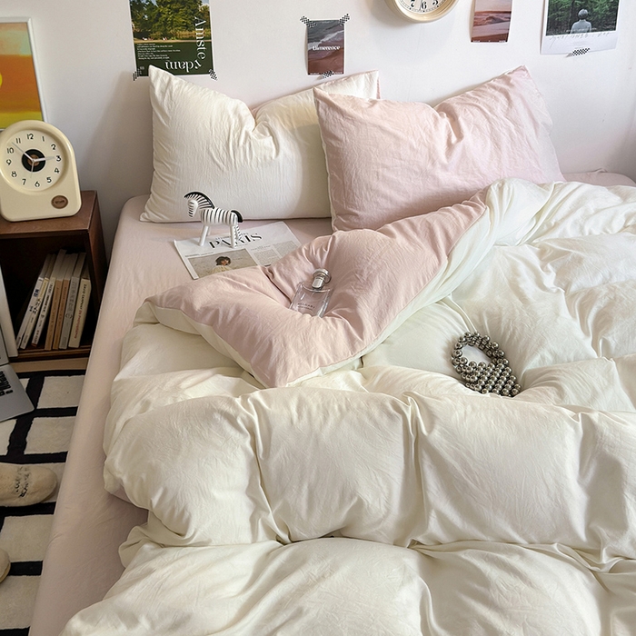 91家纺网 家纺一手货源 找家纺 沐芷 2024新款超柔105g纯色水洗棉四件套-柔雅系列 柔雅-奶白粉玉