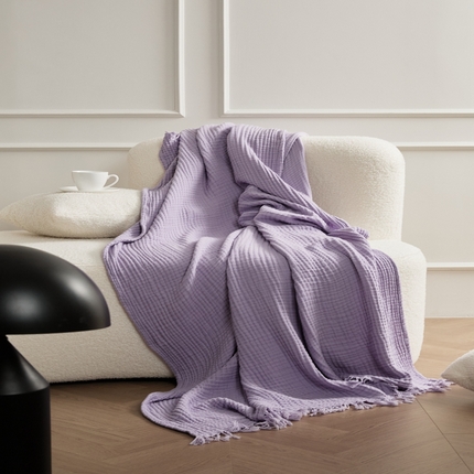 91家纺网 家纺一手货源 找家纺 EH家居 2024新款纯棉四层皱皱纱毯盖毯休闲毯 流苏款-香芋紫